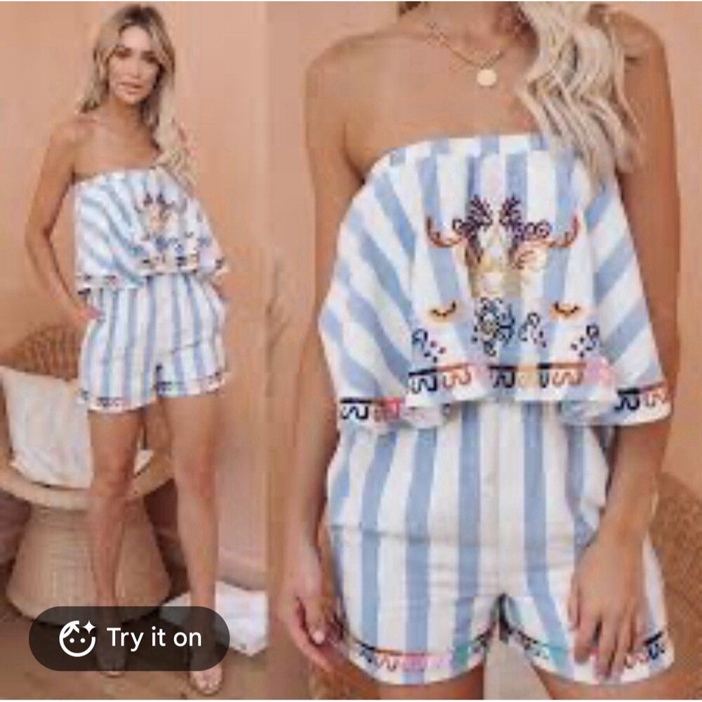 THML Romper Women Large Floral Embroidery Ruffled Off Shoulder Romper